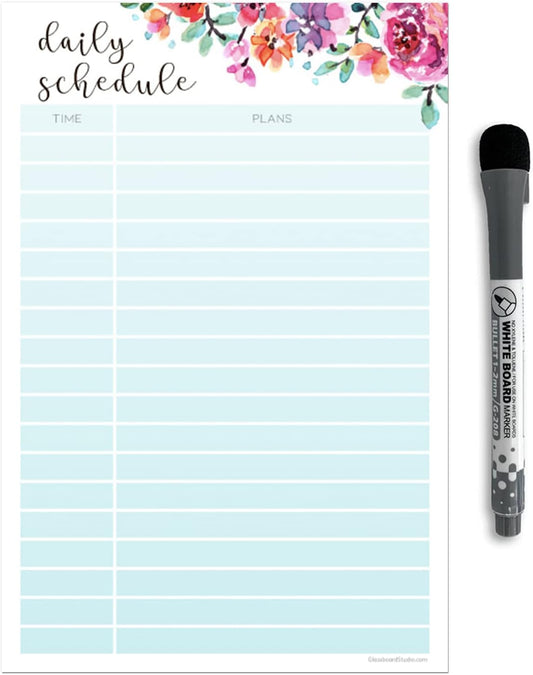 Dry Erase Daily Schedule Planner Sticker Decal by Glassboard Studio | Removable & Reusable | Magnetic Fine-Tip Marker Included (9 x 12 inches, White)