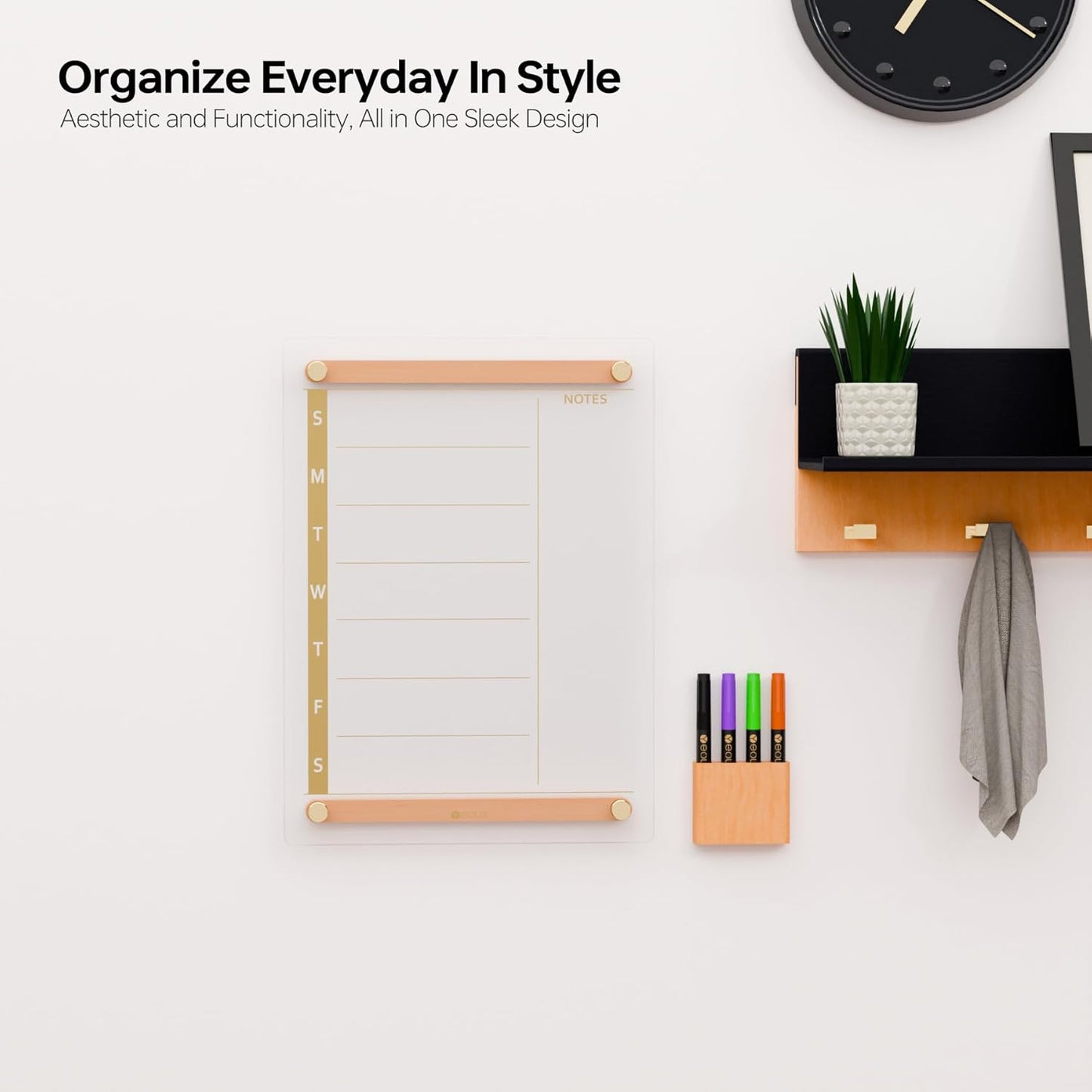 Glass Golden Weekly Dry Erase Calendar & Menu Whiteboard for Wall, Meal Planning & Grocery Shopping List White Board for Kitchen, 15x11, 7 Days Planner for Home, 4 Wet Erase Markers Included, Yeoux*
