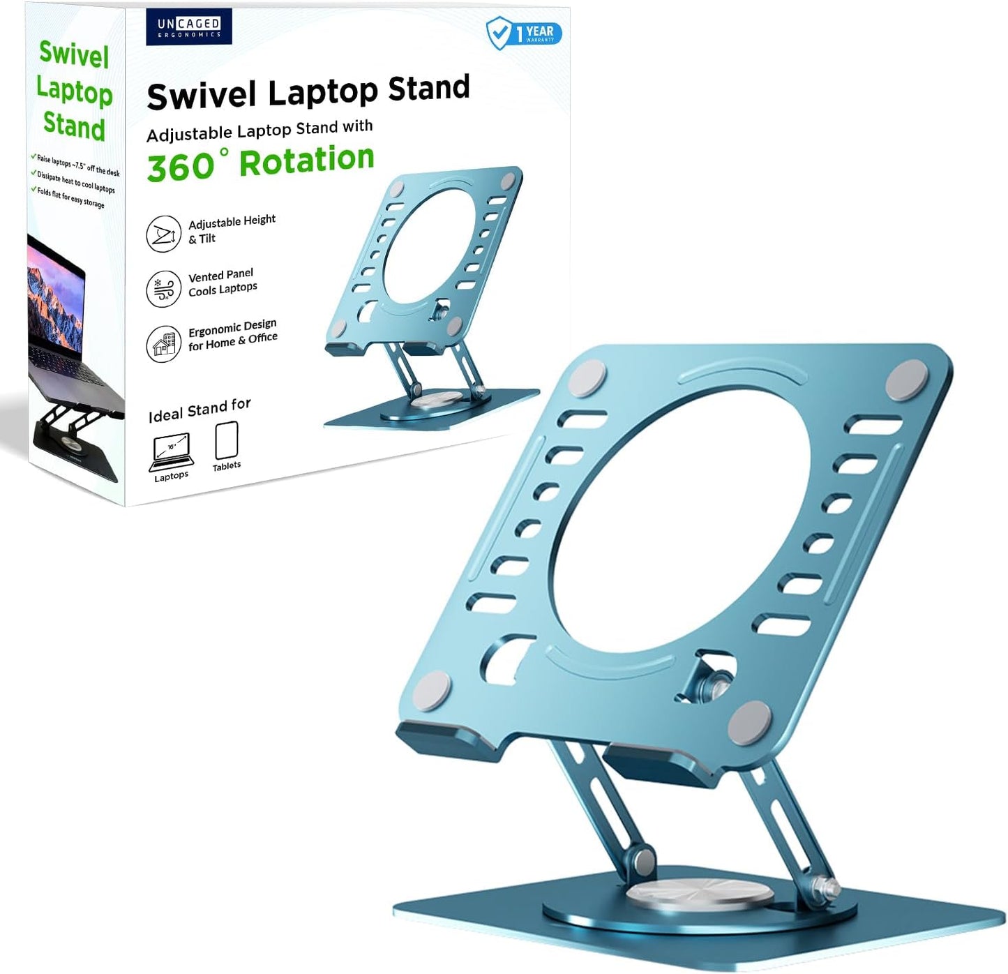 Uncaged Ergonomics Swivel Laptop Stand for Desk, Adjustable Computer iPad Stand for Desk w/ 360 Rotation, Portable Laptop Holder for Home Office Ergonomic Supplies