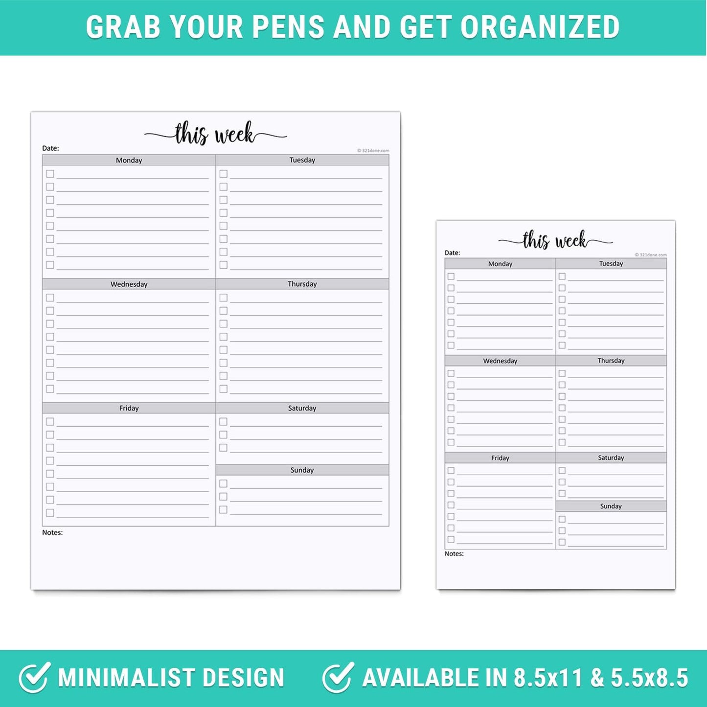 321Done Weekly Checklist Notepad - 50 Sheets (5.5" x 8.5") - This Week to Do Notepad Tear Off Planning Pad, Planner Checklist Organizing - Made in USA - Simple Script