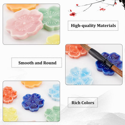BENECREAT 7Pcs 7 Colors Cherry Blossom Porcelain Brush Holder Rest, Japanese Style Ceramic Paint Brush Pen Holders for Oriental Art Supply Painting Brushes, 1.8inch