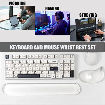 Gel Keyboard and Mouse Wrist Rest Set –White Clear Wrist Rest for Computer Keyboard 60%/68%/75%, Comfort & Support for Typing and Gaming