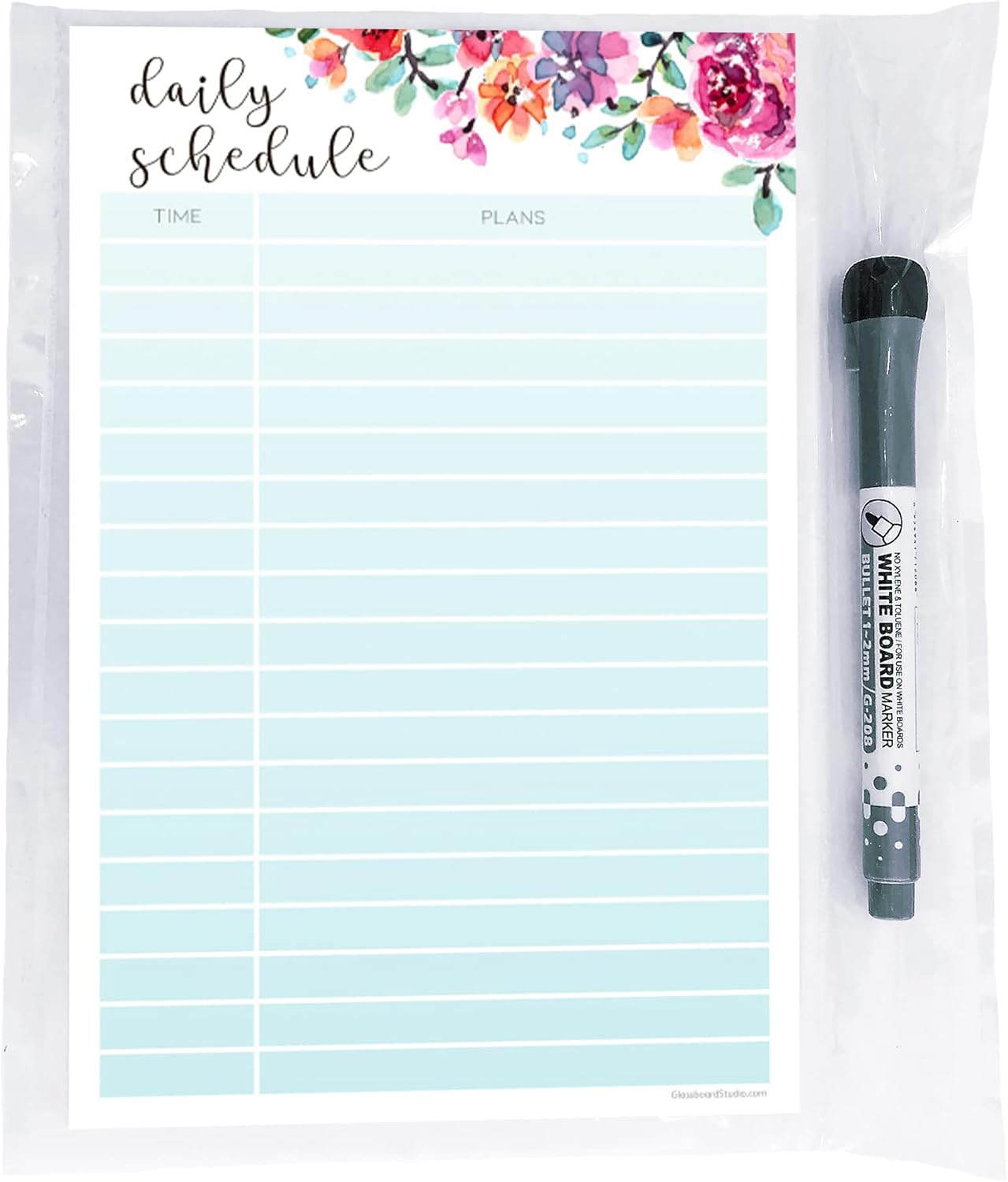 Dry Erase Daily Schedule Planner Sticker Decal by Glassboard Studio | Removable & Reusable | Magnetic Fine-Tip Marker Included (9 x 12 inches, White)