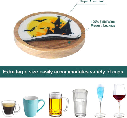 Wood Coasters for Drinks, Minacun Absorbent Coaster Sets of 5, Drinks Coasters for Coffee Tabletop Protection, Non-Slip, Non-Stick, Suitable for Kinds of Cups Wooden Table Drink, 4.3 Inches Black