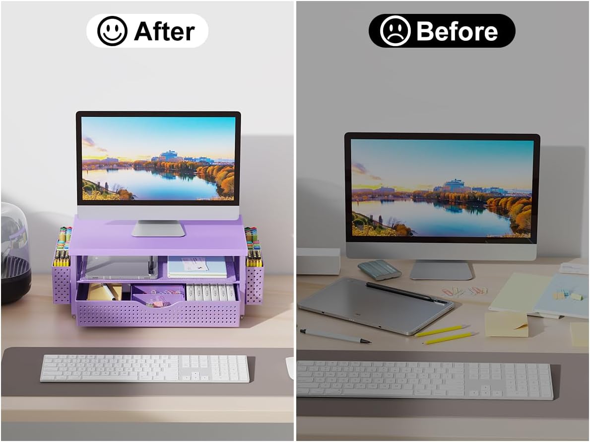 gianotter Monitor Stand Riser, Office Desk Shelf Organizer, Desk Organizer with Drawer and Pen Holder, 2-Tier Computer Stand, Office Organization (Ink)