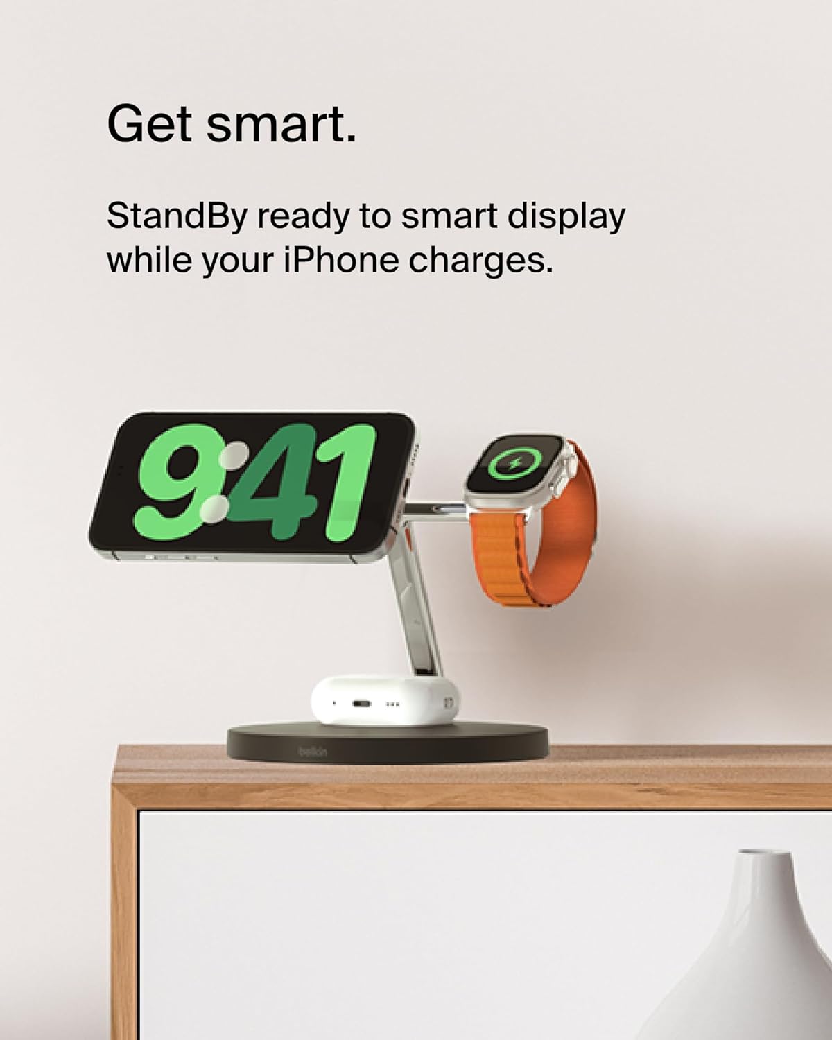 Belkin MagSafe-Compatible iPhone Charger, 3-in-1 Wireless Charging Station, Qi2-Certified 15W Wireless Charge for Apple iPhone 17 Series, Apple Watch, AirPods w/Non-Slip Base, 40W Included - Black
