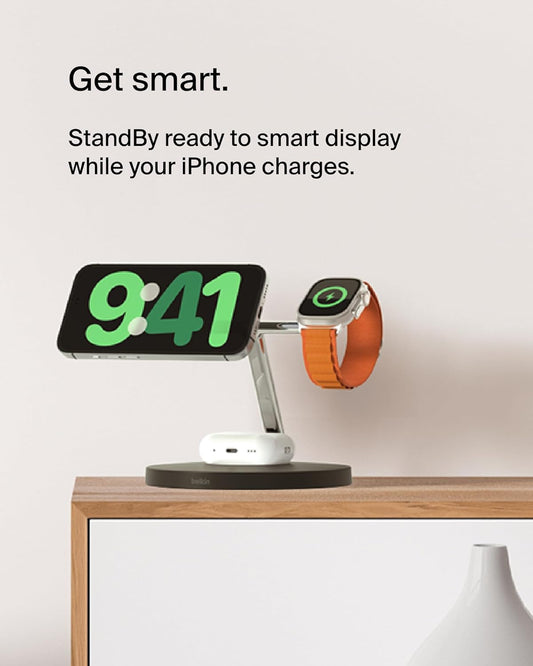 Belkin MagSafe-Compatible iPhone Charger, 3-in-1 Wireless Charging Station, Qi2-Certified 15W Wireless Charge for Apple iPhone 17 Series, Apple Watch, AirPods w/Non-Slip Base, 40W Included - Black