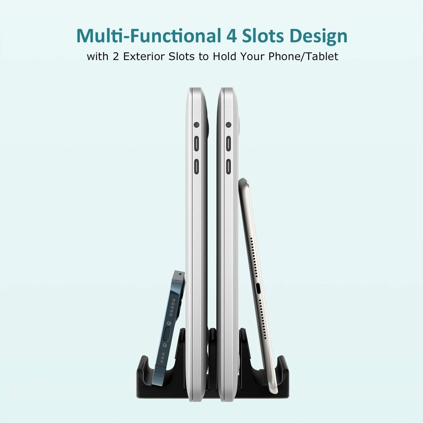 Vertical Laptop Stand - SPACEMax Adjustable GRIPLock Anti-Tip Silicone 4 Slots Aluminum Desktop Holder - Double Dock Stand - 2 Phone Slots Fits Up to 17.3” Laptops, Tablets, Phones - Silver