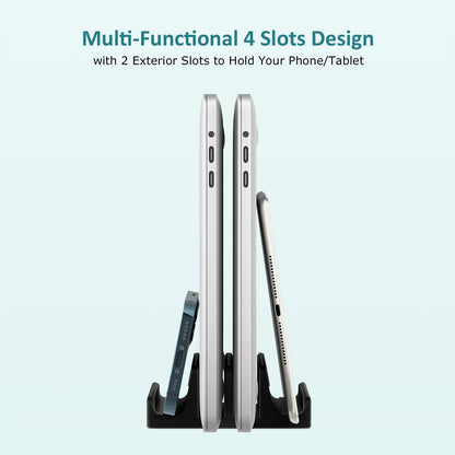 Vertical Laptop Stand - SPACEMax Adjustable GRIPLock Anti-Tip Silicone 4 Slots Aluminum Desktop Holder - Double Dock Stand - 2 Phone Slots Fits Up to 17.3” Laptops, Tablets, Phones - Silver