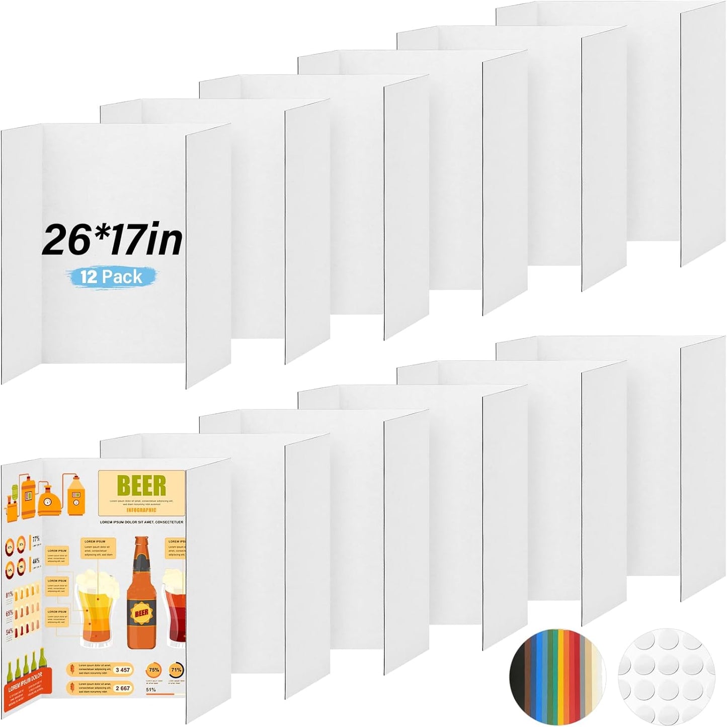 4 Pcs Trifold Poster Board, 21.5x14 inches Small White Poster Board Comes with Sticky Accessories, Corrugated Presentation Boards, Display Board for School Projects, Business Presentations