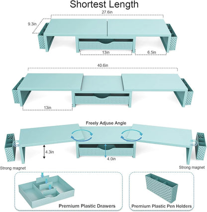 gianotter Dual Monitor Stand Riser, Desk Organizer With Drawer and 2 Pen Holders,Computer Monitor Stand, Desk Shelf for Top of Desk, Wood