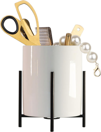 Gold Pencil Cup Sturdy Metal Frame With White Ceramic Pen Holder For Desks and kitchen Appliance Holders