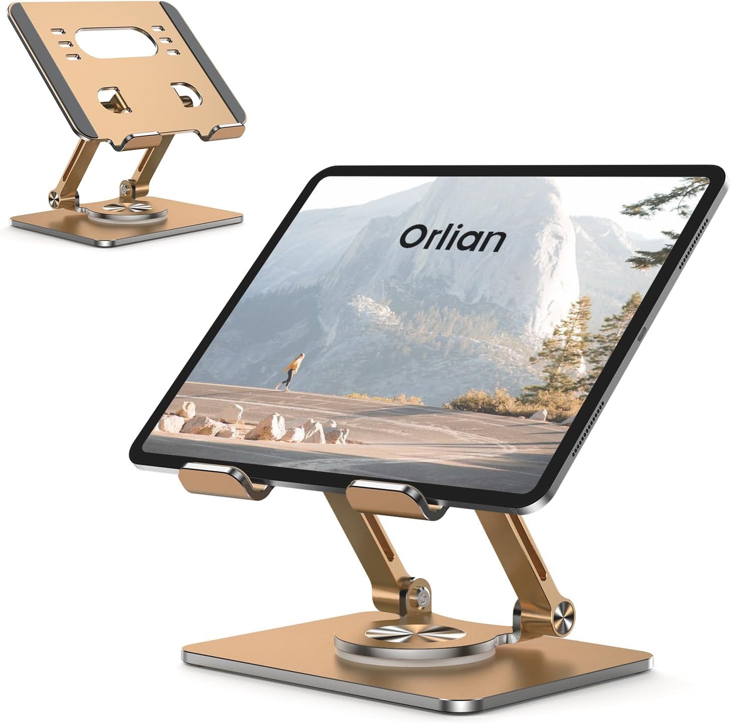 Orlian Tablet Stand Holder with Thickened 360°Rotating Base Dual Rod Adjustable Aluminum Stand for All 5.8-12.9” iPad Samsung Phone Tablet Kindle E-Reader and More, Black