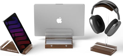 Vertical Laptop Stand for Desk – Adjustable Dual Slot Holder (Fits 2 Laptops & Controller), with Matching Headphone Stand & Phone/Tablet Holder, Acrylic Wood Finish