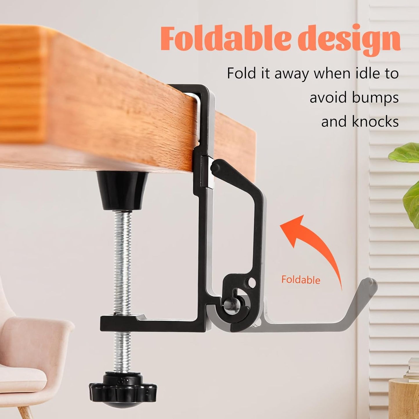 Desk Bag Hook - Bag Hanger for Table with Adjustable Arm Clamp - Aluminum Under Desk Handbag Hanger - Clamp Hook for Purse, Bag, Headphone,Fold/Black,2 pcs (White)