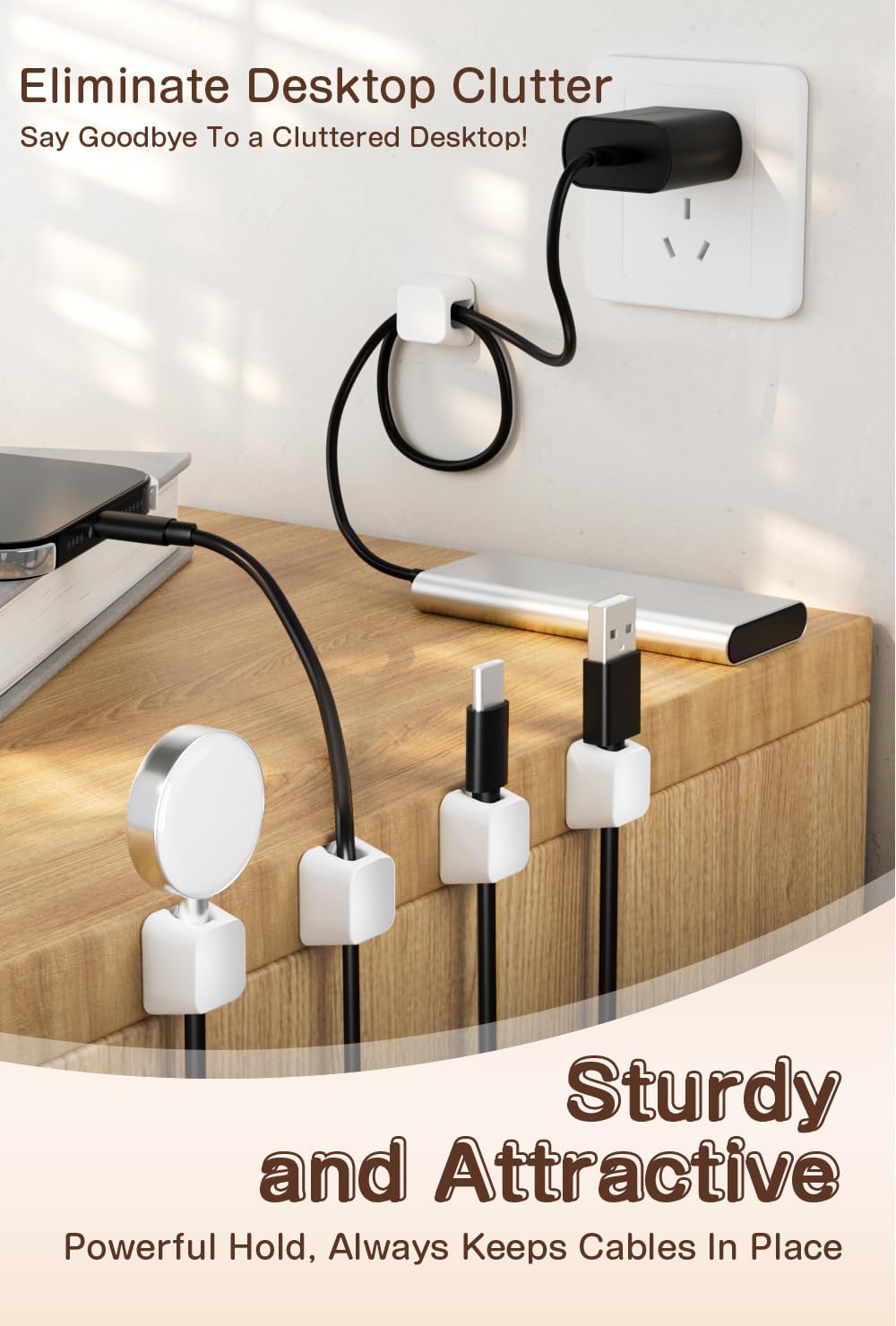 Maveek Magnetic Cord Clips, Cable Holder Magnet Silicone Cord Organizer Keyboard Keys Square Cable Management for Charging USB C Ethernet HDMI Home Office Car TV Cables (5 Pack, Black)