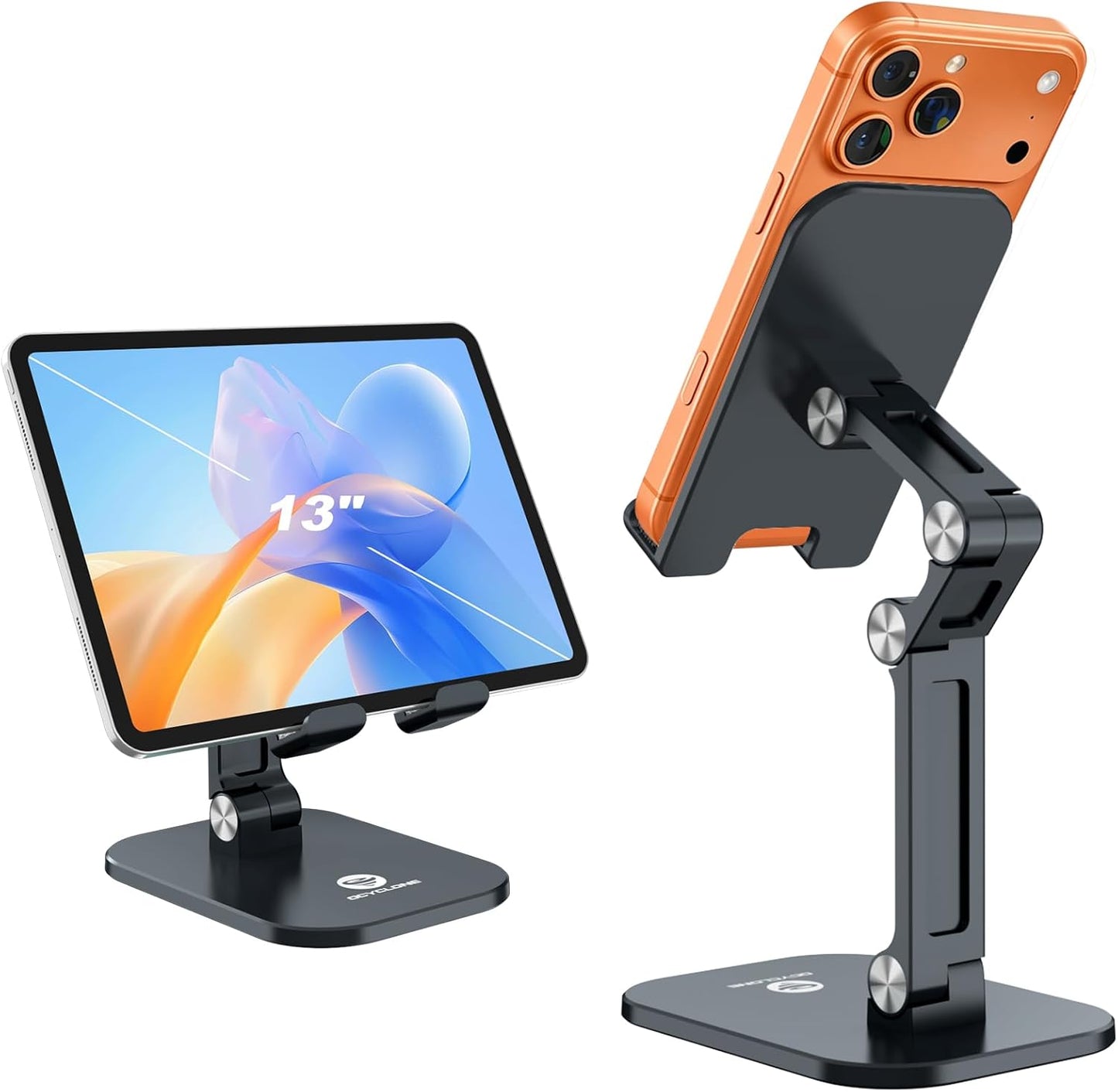OCYCLONE Phone Stand, Cell Phone Stand Holder for Desk Office Accessories Adjustable Height and Angle Foldable iPhone Stand Compatible with 4"-13" All Phones iPad Tablet - Black