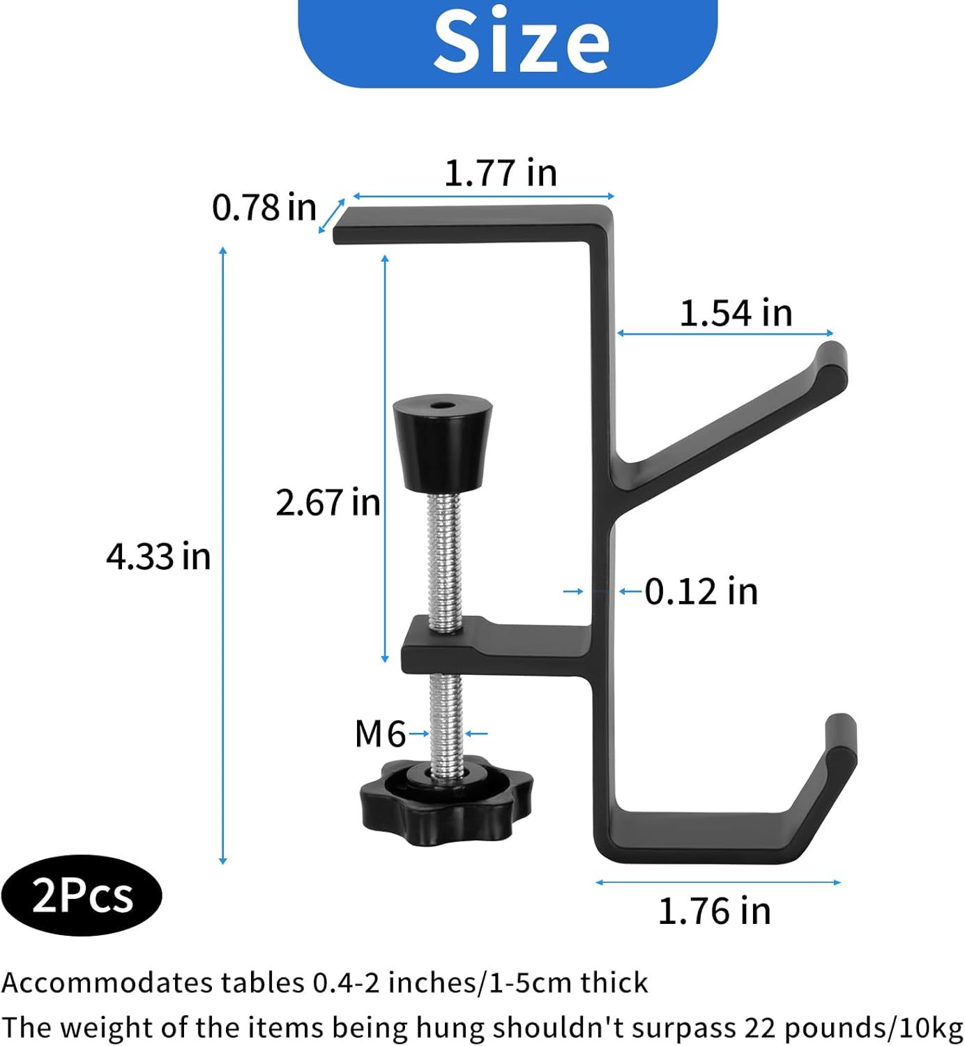 Plus tard 2Pcs Desk Hook, Purse Hook for Desk Adjustable Bag Holder for Table, Hooks for Backpacks Under Counter Table Hanging Storage, Workspace Organizer Holder
