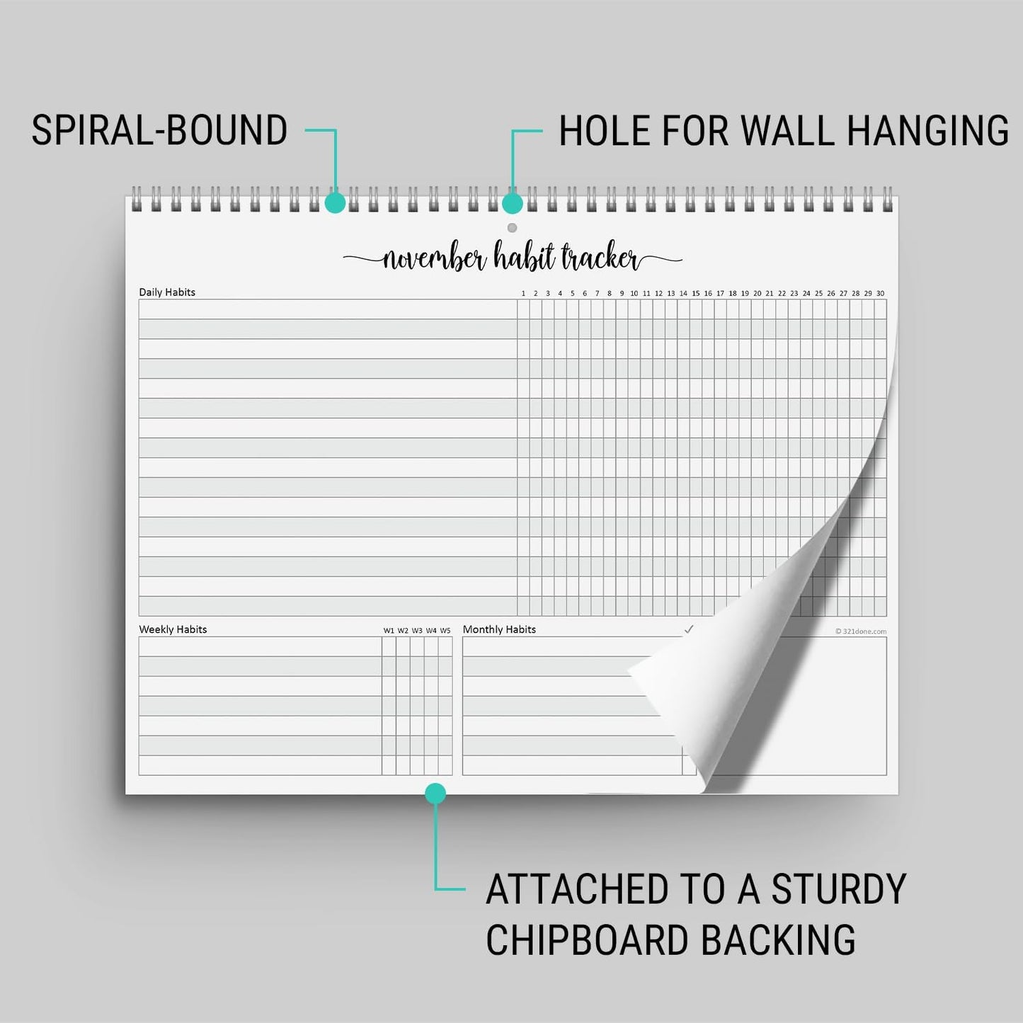 321Done Habit Tracker Calendar, Made in USA - 12 Months Wall Hanging Productivity Journal 8.5x11, Spiral Binding Undated Motivational Monthly Planner to Track Habits and Goals