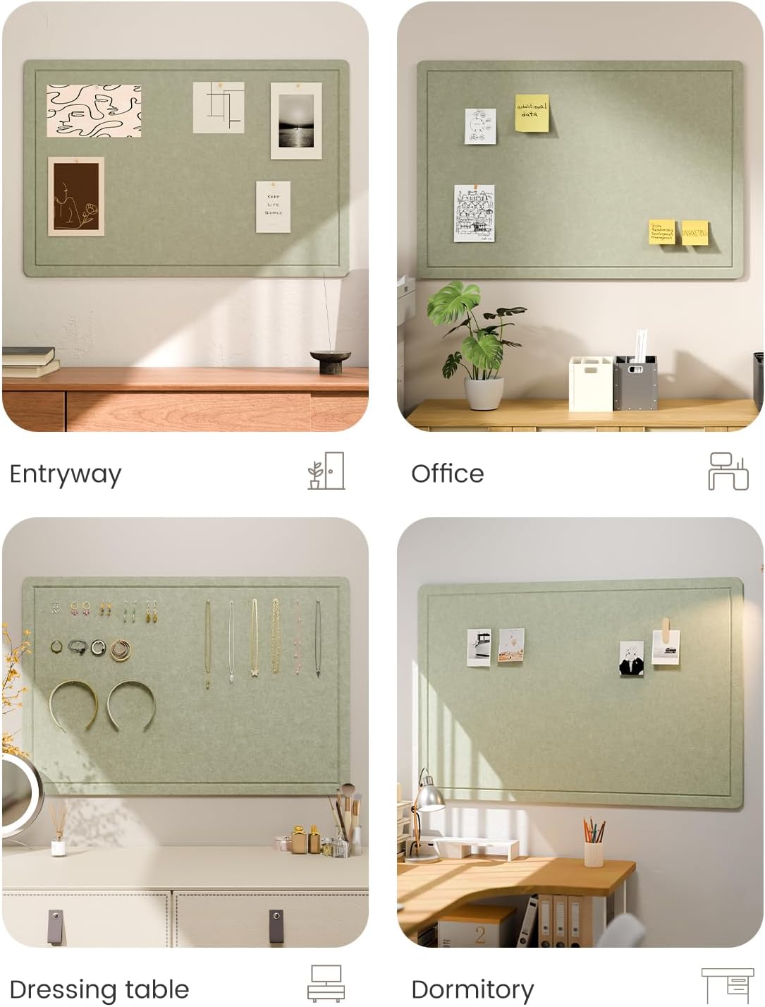 Fluxynara Bulletin Board, 23.6" x 17.5" Cork Board Alternative with 12 Safe Removable Adhesive Tabs, Foldable Felt Pin Board for Home Office, Classroom, Bedroom,Entryway for Walls—Sage