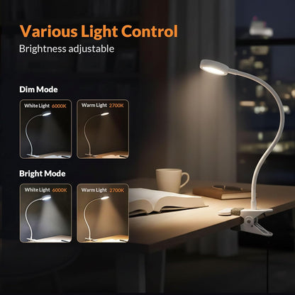 LEPOWER Clip on Light/Reading Lights/Book Light/Desk Lamp Color Changeable/Night Lights Clip on for Desk, Bed Headboard and Computers, Adapter Included (Black) Metal