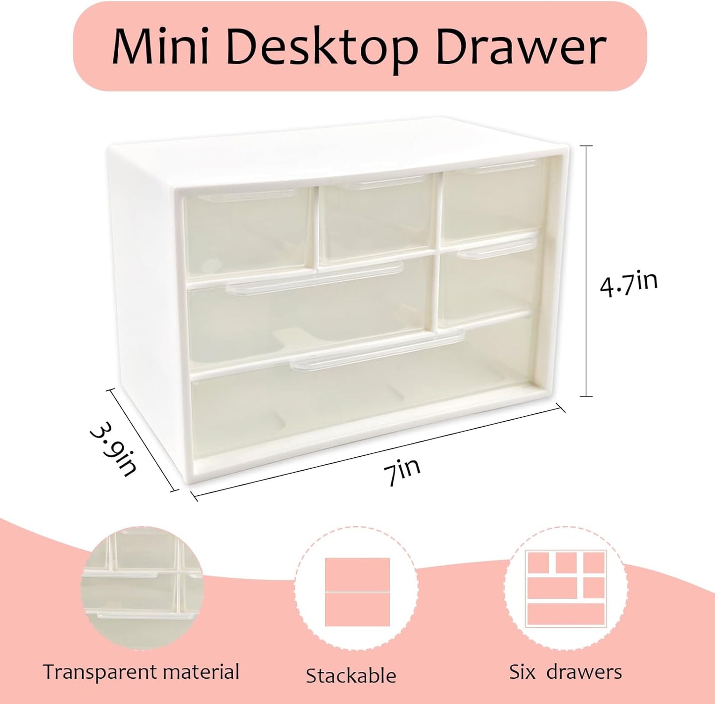 Mini Desk Drawer Organizer with 6 Clear Drawers - 7" x 3.9" x 4.7" Small Plastic Storage Box for Office, Classroom, Crafts, and Home Desktop Organization