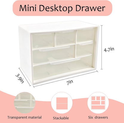 Mini Desk Drawer Organizer with 6 Clear Drawers - 7" x 3.9" x 4.7" Small Plastic Storage Box for Office, Classroom, Crafts, and Home Desktop Organization