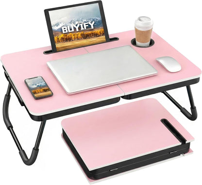 BUYIFY Foldable Laptop Bed Desk for Couch, Sofa - Large Lap Desk Tray Table with Cup Holder and Tablet Slot - Portable Notebook Stand for Eating, Writing, Studying and WFH -NEW-006-USA Original Patent