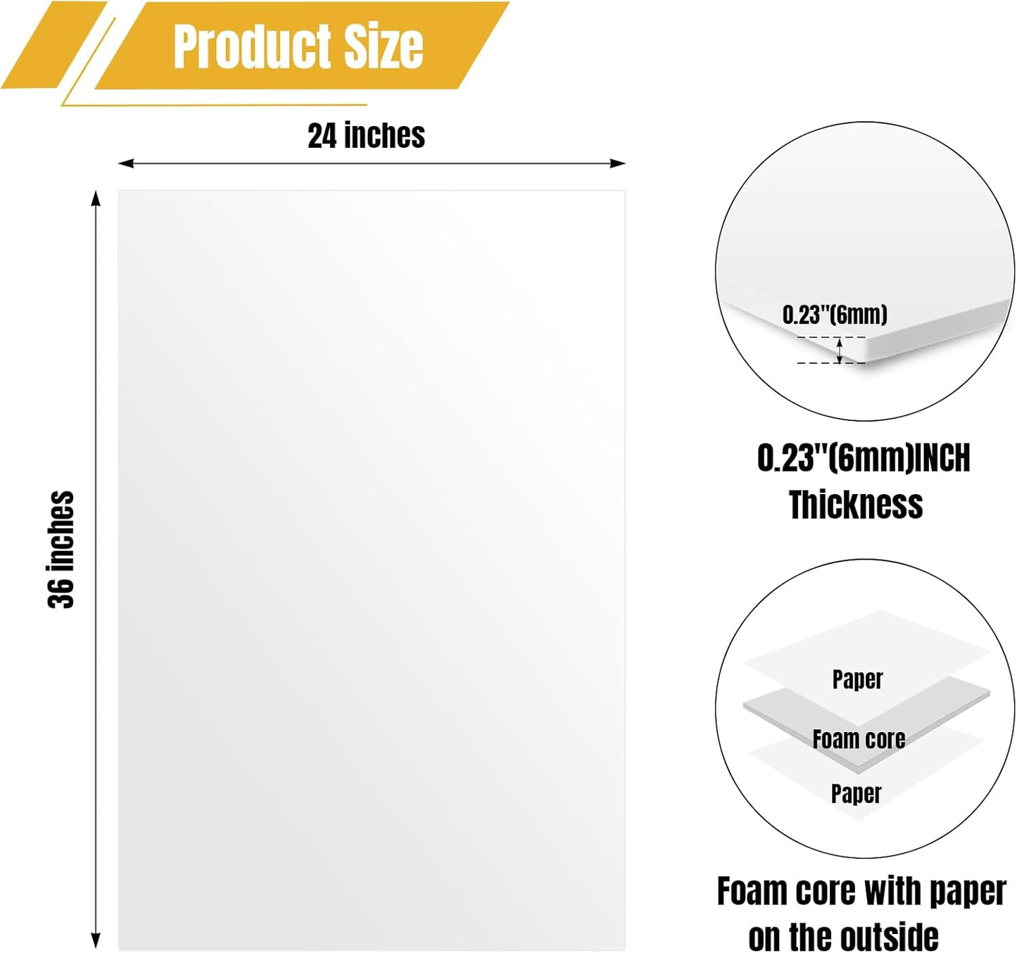 3 Pack White Foam Board 24"x36", 0.23" Thick Foam Core Board for Projects, White Poster Board for Painting, Displaying, and Craft Projects