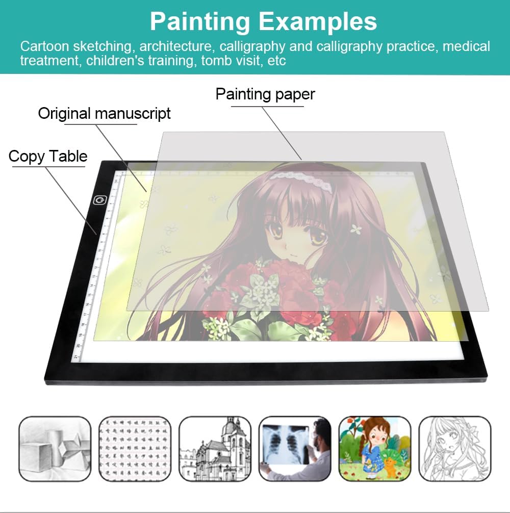 AIAURORA A4 LED Copy Board Light Tracing Drawing Board, Ultra-Thin Adjustable USB Power Art Craft LED Trace Light Pad for Tattoo Drawing, Diamond Painting, Streaming, Animation, Stenciling (A4)