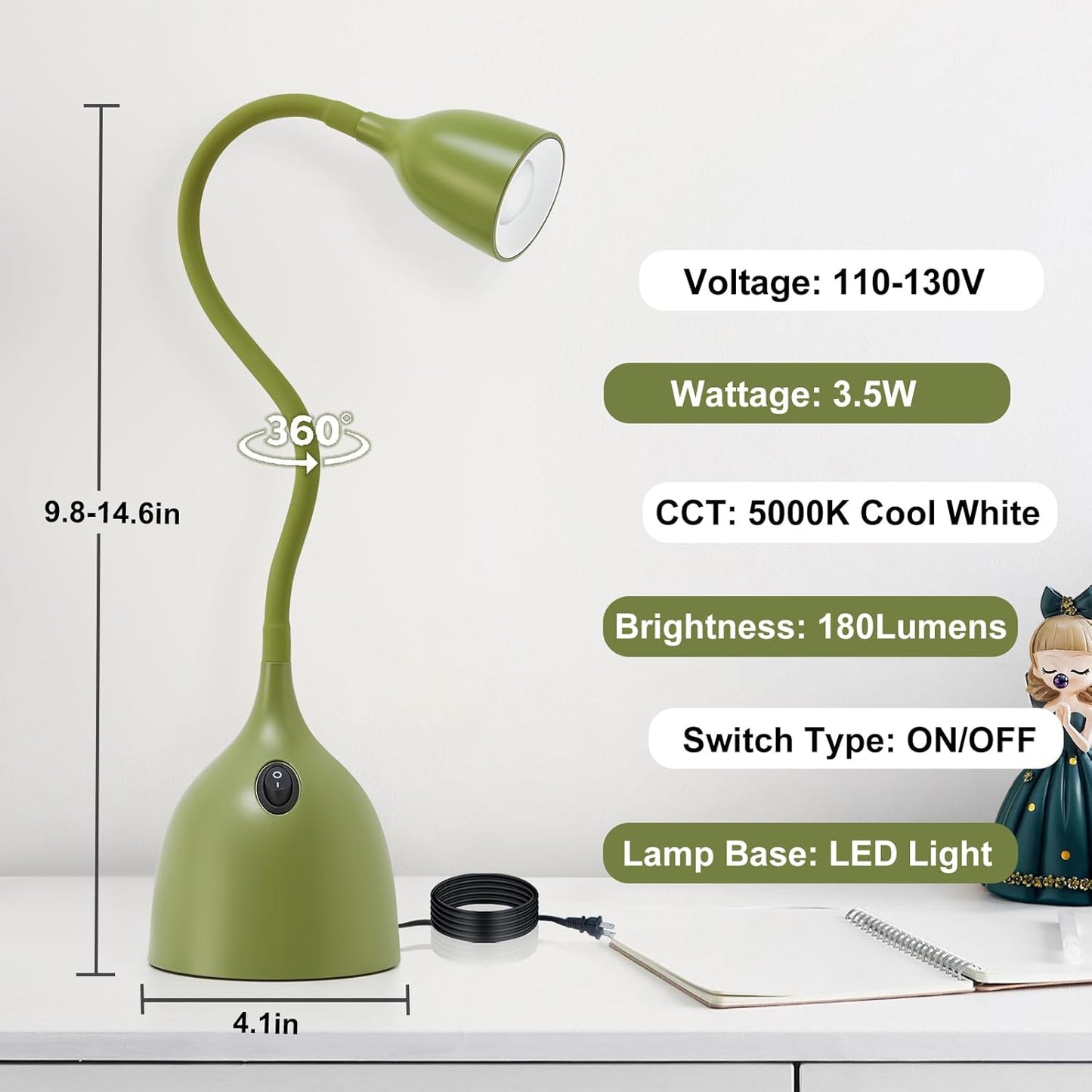 EJIAXIN Desk Lamp for Home Office - Clip on Reading Light and Bed Headboard Clamp Lamp, Bedside Gooseneck Table Lamp, Clip on Desk Lamps, Eye-Caring Desk Lamp for College Dorm Room Study Lamp, White