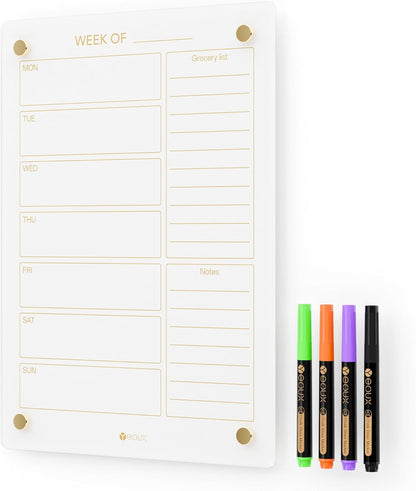 Glass Golden Weekly Dry Erase Calendar & Menu Whiteboard for Wall, Meal Planning & Grocery Shopping List White Board for Kitchen, 15x11, 7 Days Planner for Home, 4 Wet Erase Markers Included, Yeoux*