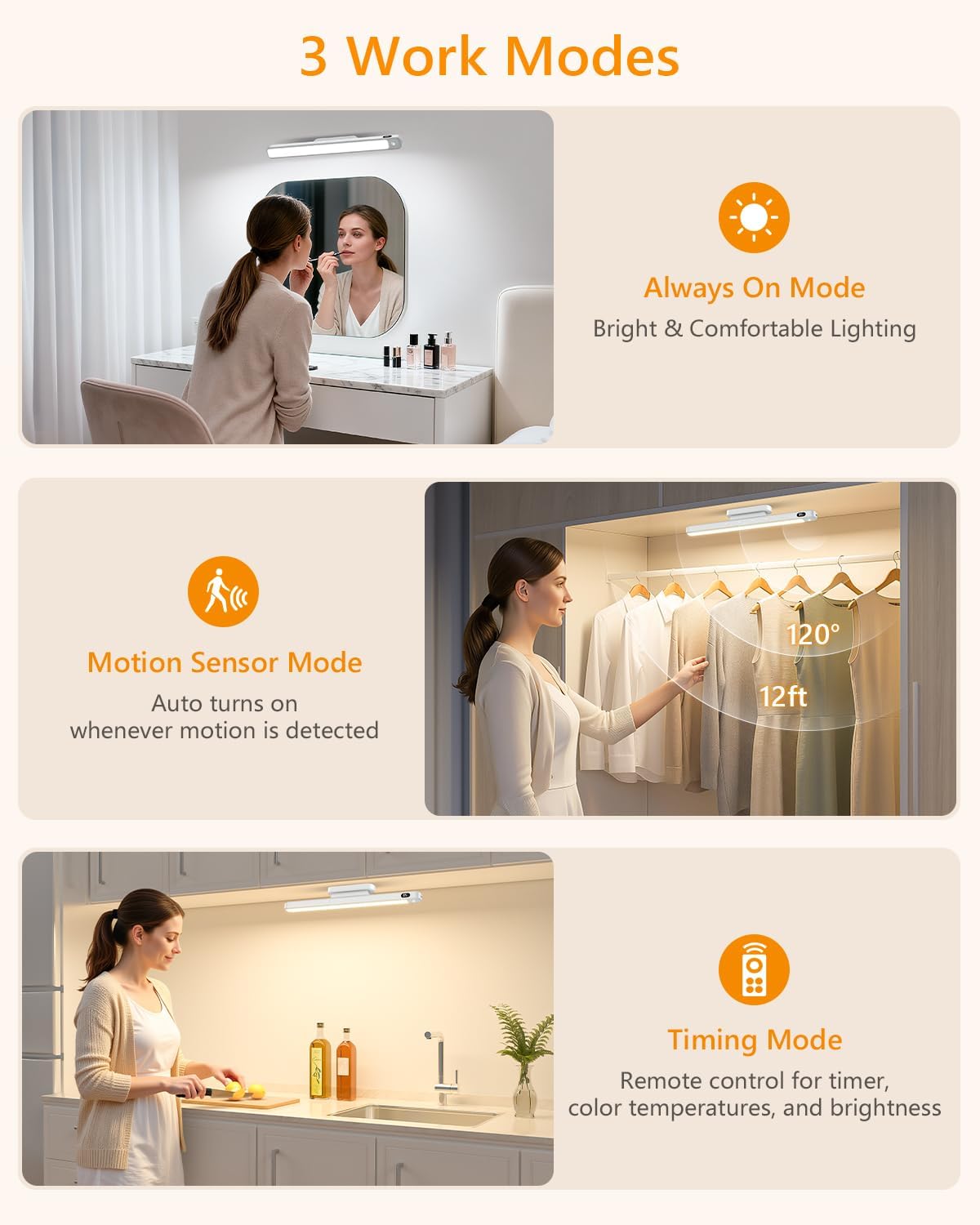 WILLED 3W Motion Sensor Magnetic Light Bar, Eye-Care Rechargeable Closet Light with Battery Level Display, Mirror Lights Stick on, Led Light Bar for Cabinet, Closet, Desk and Bathroom