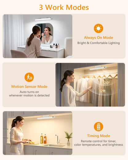 WILLED 3W Motion Sensor Magnetic Light Bar, Eye-Care Rechargeable Closet Light with Battery Level Display, Mirror Lights Stick on, Led Light Bar for Cabinet, Closet, Desk and Bathroom