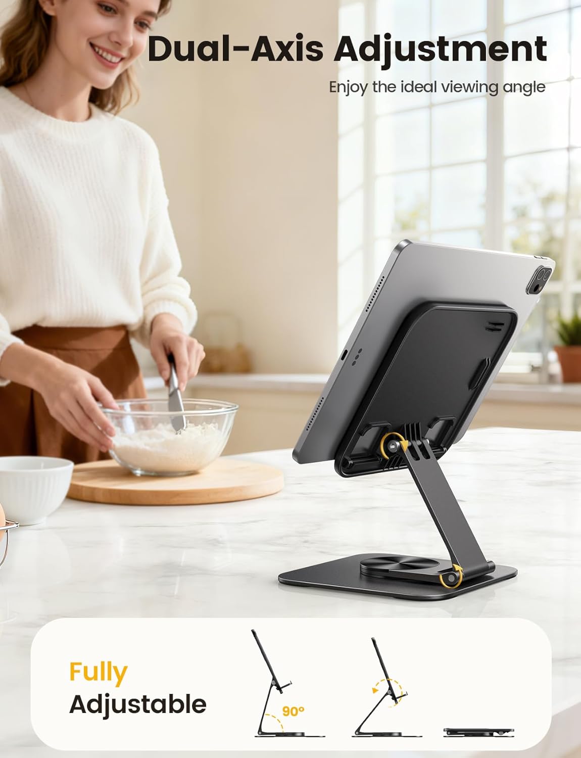 Lamicall Adjustable iPad Stand for Desk - [Ultra-Slim Foldable][360°Rotation Base] Tablet Holder Stand, Heavy-Duty E-Reader Kindle Holder for 4.7-13" Device, iPad Pro Air Mini, Kindle, Tabs, iPhone