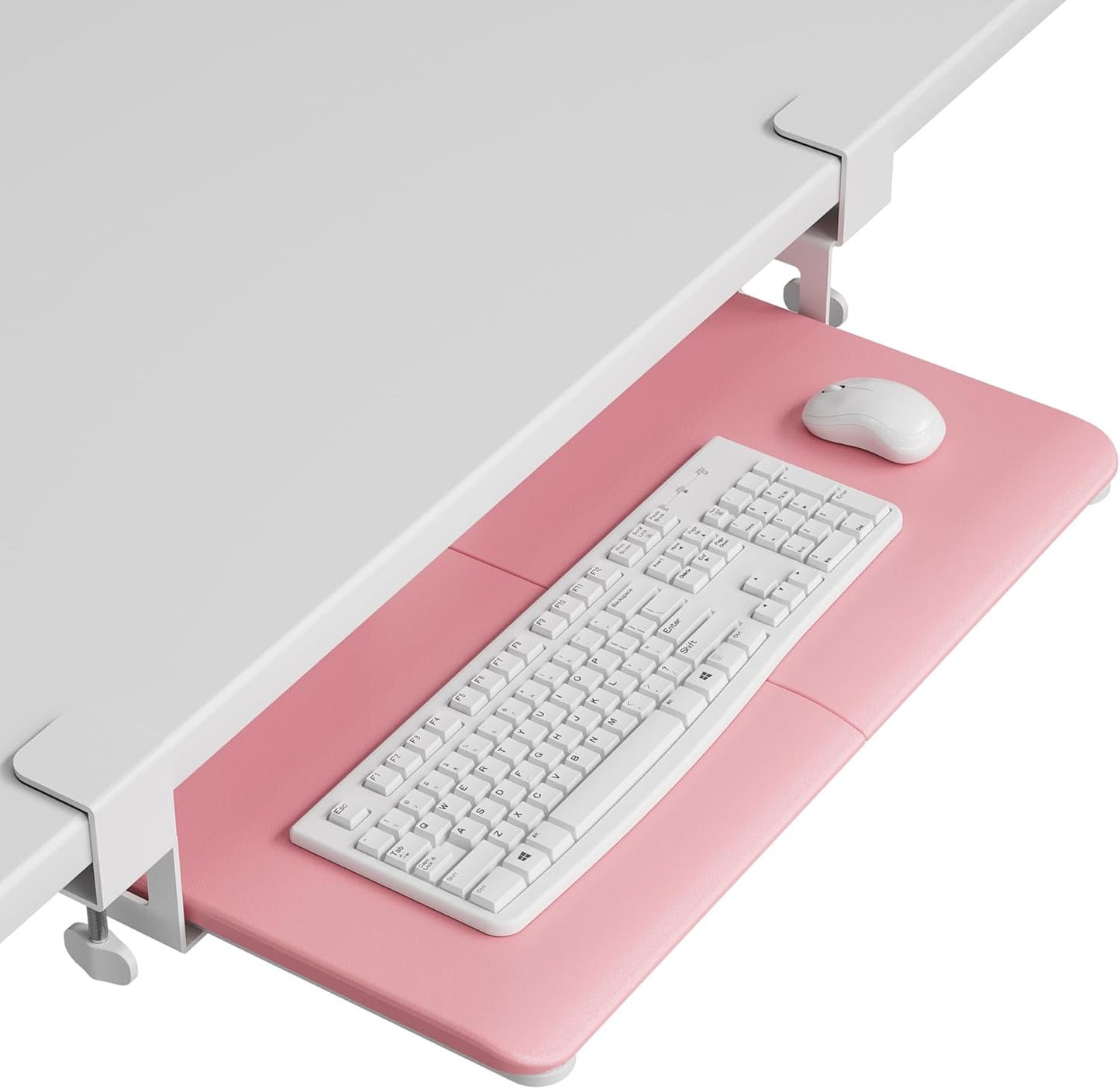 BONTEC KMT01 Under Desk Keyboard Tray, Pull-Out Keyboard & Mouse Platform with C-Clamp, 25.6 x 11.8 in Space-Saving Ergonomic Slide-Out Drawer, White