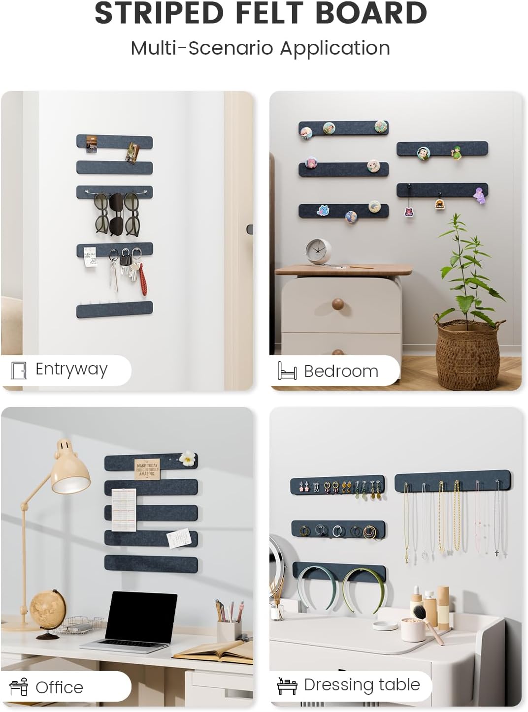 Fluxynara Cork Board Alternative Felt Strip Board 8-Pack 13"x2", Office Pin Board with 50 Push Pins, Adhesive Install for Bedroom Door & Home Office(Linen Dusk)