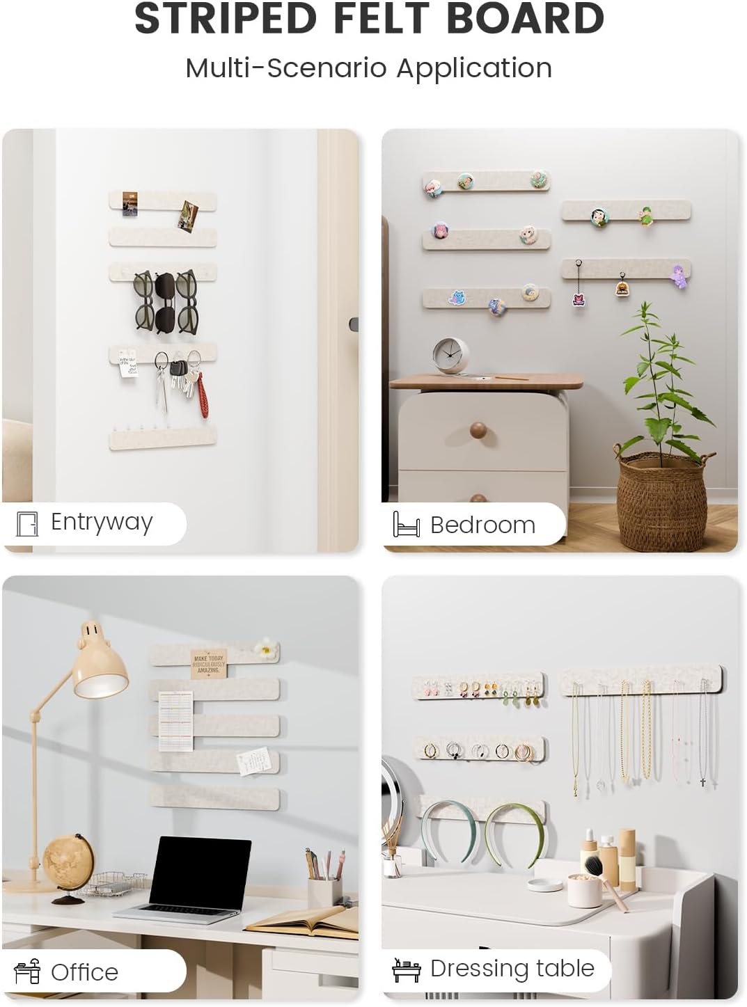 Fluxynara Cork Board Alternative Felt Strip Board 8-Pack 13"x2", Office Pin Board with 50 Push Pins, Adhesive Install for Bedroom Door & Home Office(Linen Dusk)