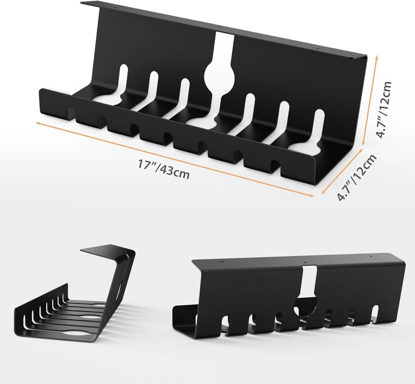 Syeeiex 17" Under Desk Cable Management Tray, No-Drill C-Clamp & Screw Mount, Heavy Duty Metal Cord Organizer with Cable Ties, for Office Home Workspace, Black