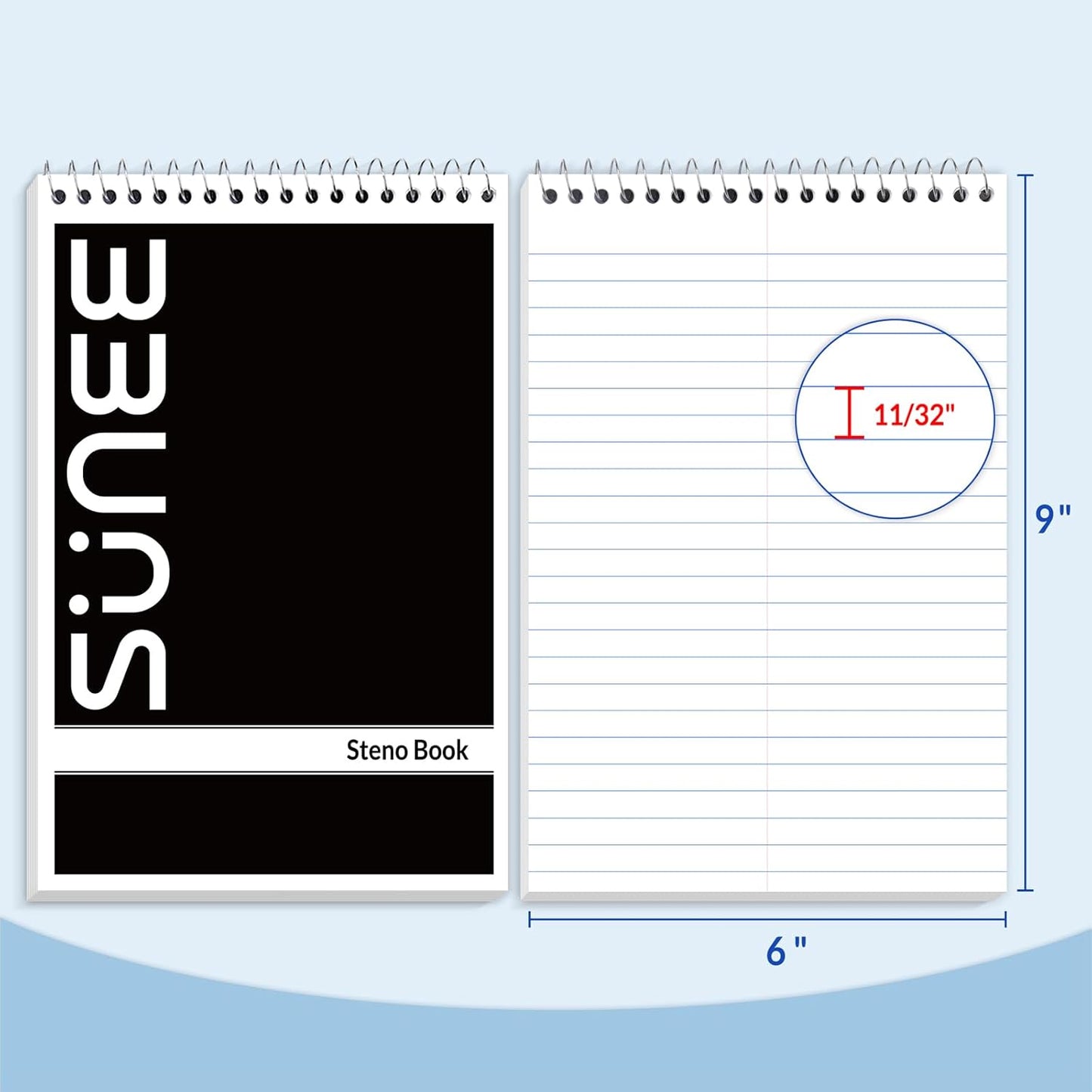SUNEE 5 Pack Steno Pads 6x9, Gregg Rule, 60 Sheets, Spiral Notebook 6x9, White Paper, Take Notes with Top Spiral Notebook, for School, University, College, Work, Office, Black