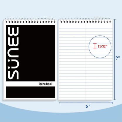 SUNEE 5 Pack Steno Pads 6x9, Gregg Rule, 60 Sheets, Spiral Notebook 6x9, White Paper, Take Notes with Top Spiral Notebook, for School, University, College, Work, Office, Black