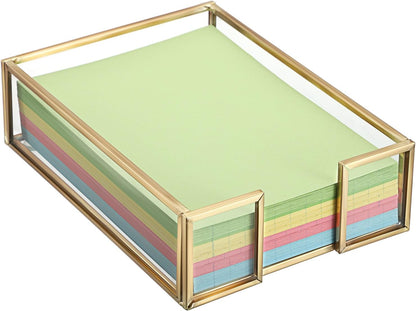 BTSKY Golden Glass Sticky Note Holder for 3x3 Inch Sticky Notes, Elegant Post It Note Dispenser with Non-Slip Pads Clear Notepad Holder for Desk Organization Planning, Home Office Decor