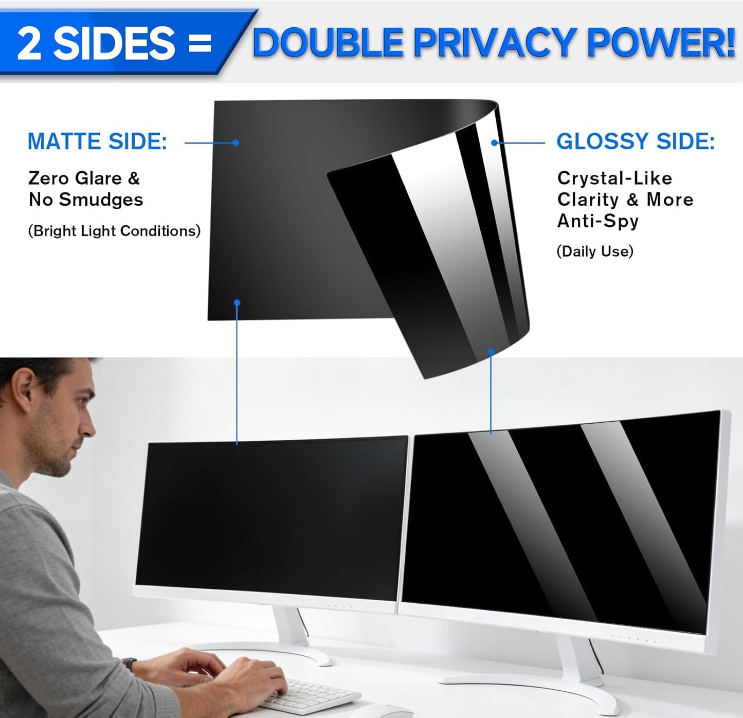 [2-Pack] Privacy Screen For Computer Monitor, 27-Inch 16:9 Aspect Ratio; Anti Spy/Bule Light/Glare And Eye Protection, 2 Install Ways Removable For Office, Airport, Cafe And Other Public Area; Diagonal 27 Inches, Width 23.53 Inches, Height 13.24 Inches
