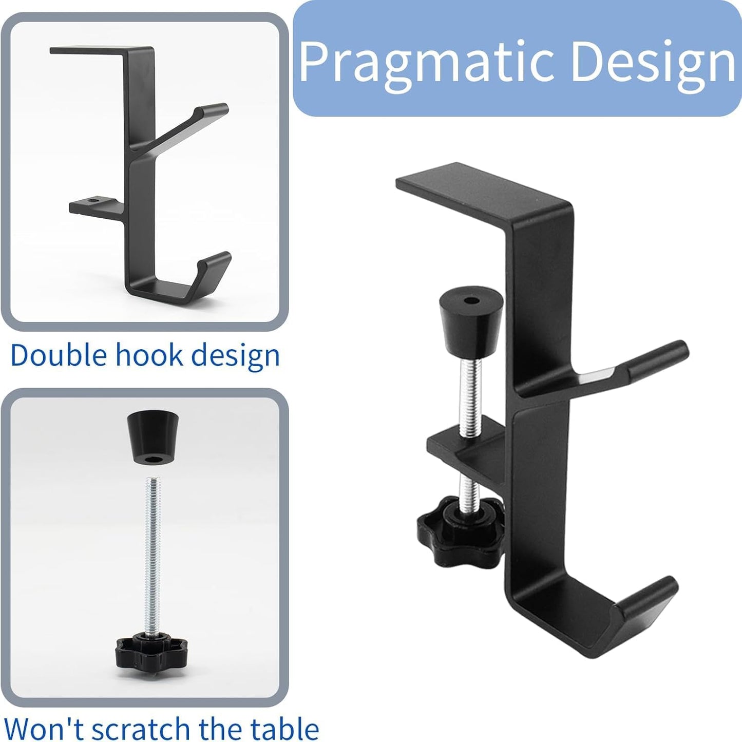 2Pcs Clamp-On Under Desk Headphone Holder Backpack Hook Students' Desk Hook with Adjustable Arm Clamp Women's Bag Handbag and Purse Holder - Suitable for Plate Between 1-5cm / 0.4-1.96” - Black