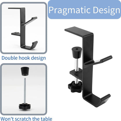 2Pcs Clamp-On Under Desk Headphone Holder Backpack Hook Students' Desk Hook with Adjustable Arm Clamp Women's Bag Handbag and Purse Holder - Suitable for Plate Between 1-5cm / 0.4-1.96” - Black