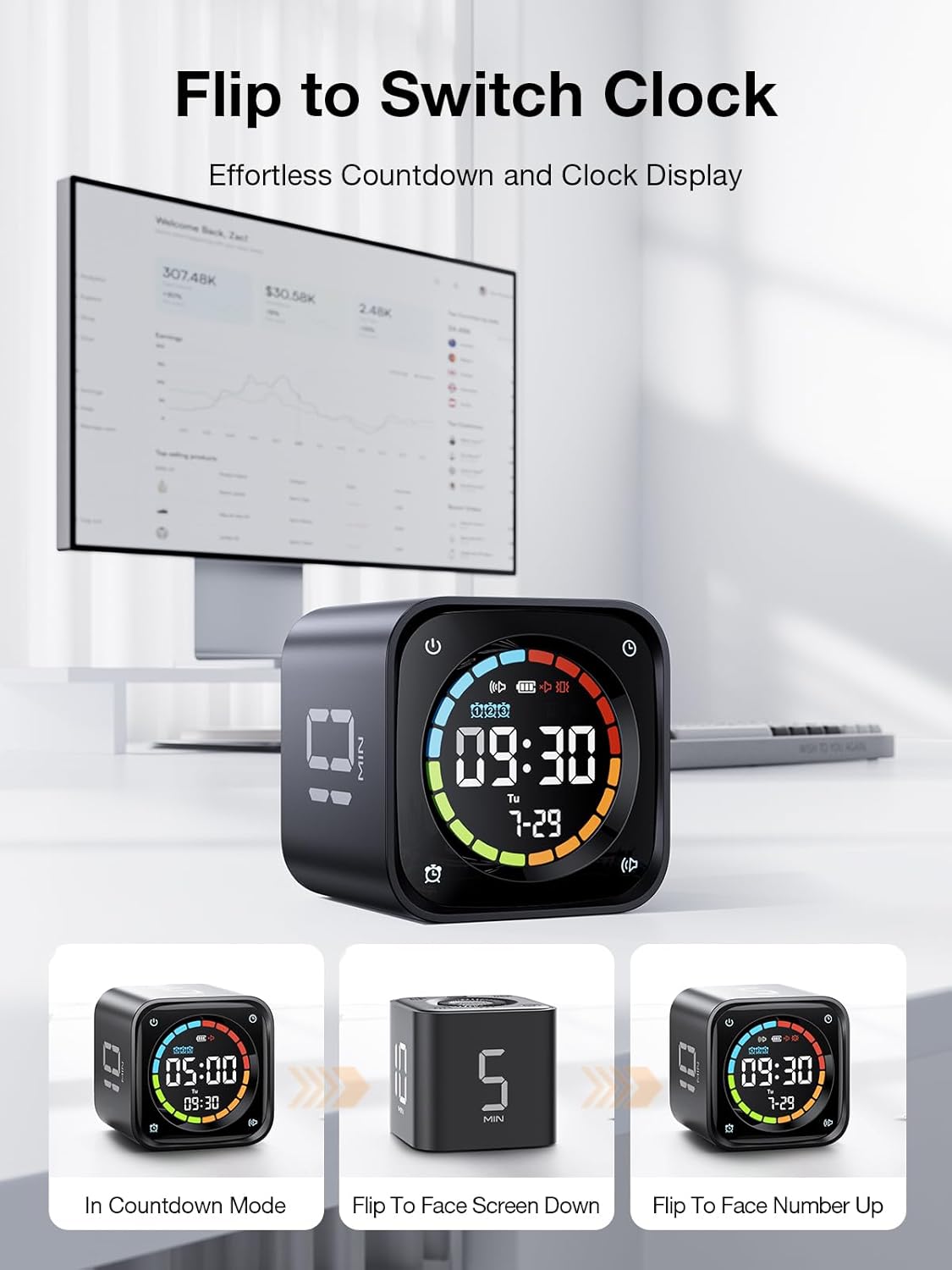 Ticktime TK3 Pomodoro Timer Cube, Productivity Timer, 5/10/30/60 Min Presets, Custom Countdown, Stopwatch & Clock, Triple Alarms, Silent/Vibration/Sound Alerts, Rechargeable for ADHD Study Task, Black