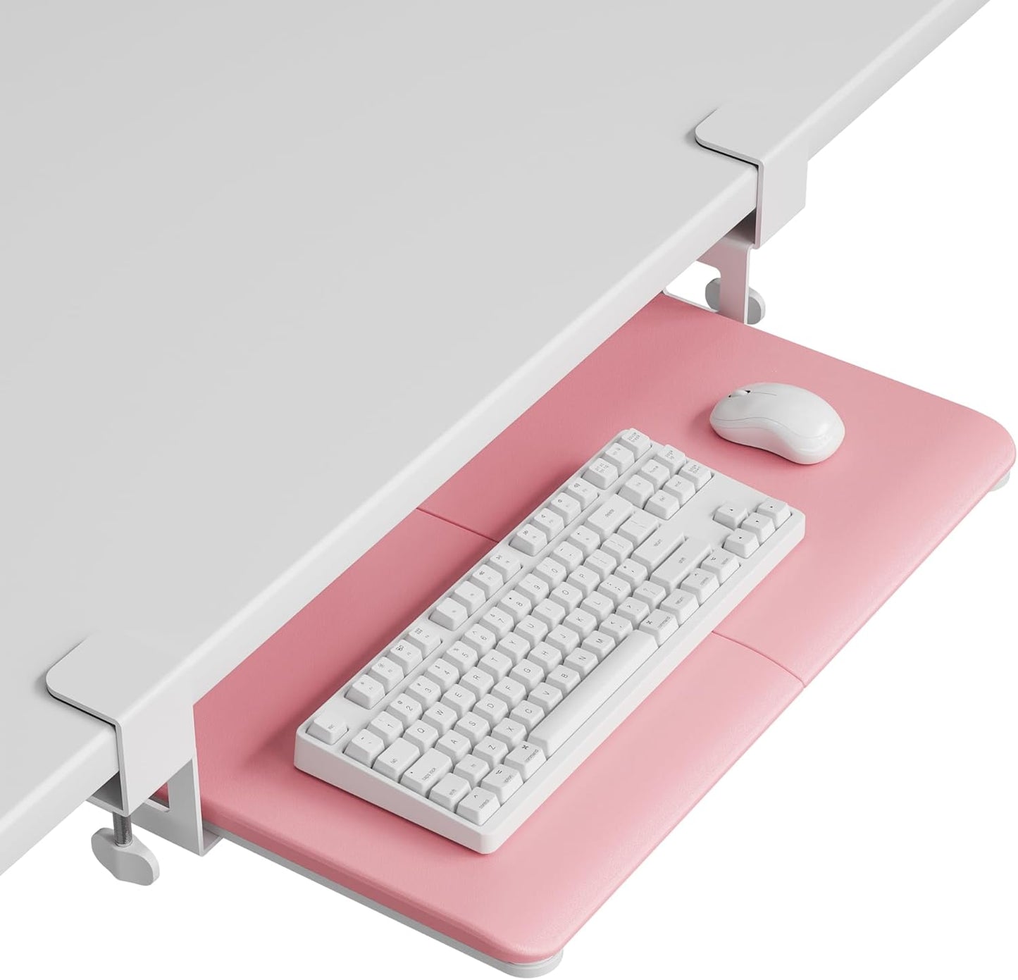 BONTEC KMT01 Under Desk Keyboard Tray, Pull-Out Keyboard & Mouse Platform with C-Clamp, 25.6 x 11.8 in Space-Saving Ergonomic Slide-Out Drawer, White