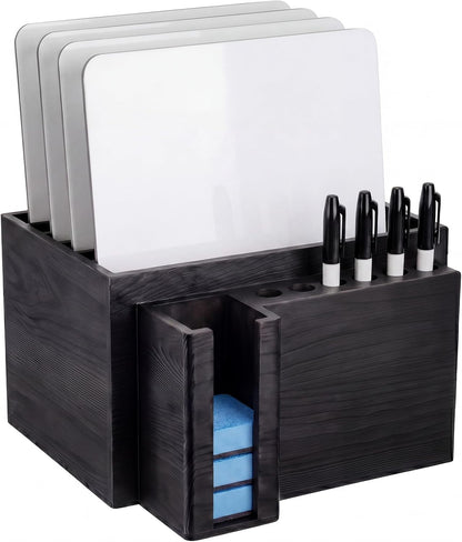 Novabright 10" x 9.75" x 6" Classroom Dry Erase Lapboard Storage Wooden Black Whiteboard Organizer hold up 6 dry erase board 6 Slot Pen 6 Erasers Storage for Desktop School, Office and Home, Classroom