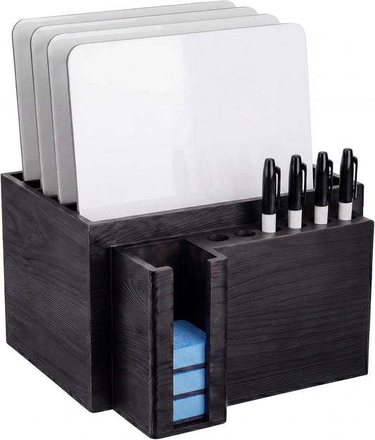Novabright 10" x 9.75" x 6" Classroom Dry Erase Lapboard Storage Wooden Black Whiteboard Organizer hold up 6 dry erase board 6 Slot Pen 6 Erasers Storage for Desktop School, Office and Home, Classroom