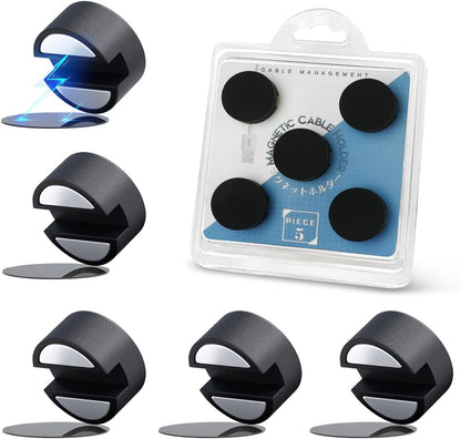 Maveek Magnetic Cord Clips Black, Silicone Cord Organizer Magnet Cable Holder Charging Cable Management Cord Keeper with Adhesive Metal Disc (5 Piece, Large Size)